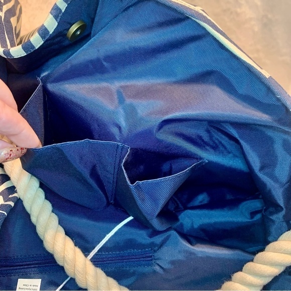 NWT Hat Attack Huge Tote Bag Buji Baja line Navy Blue White Striped Pattern New - Picture 10 of 16